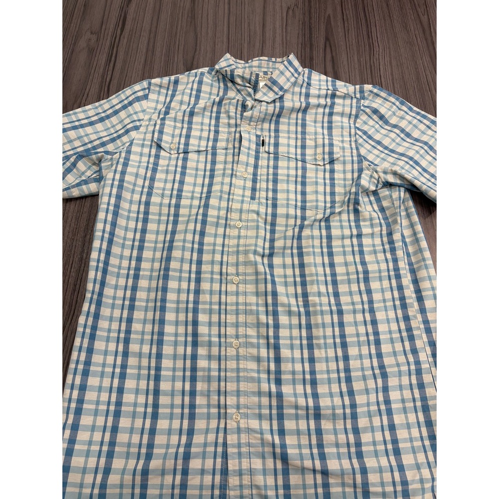 LL Bean Men's Short Sleeve Plaid Outdoor Shirt Blue White L Tall Nylon Blend